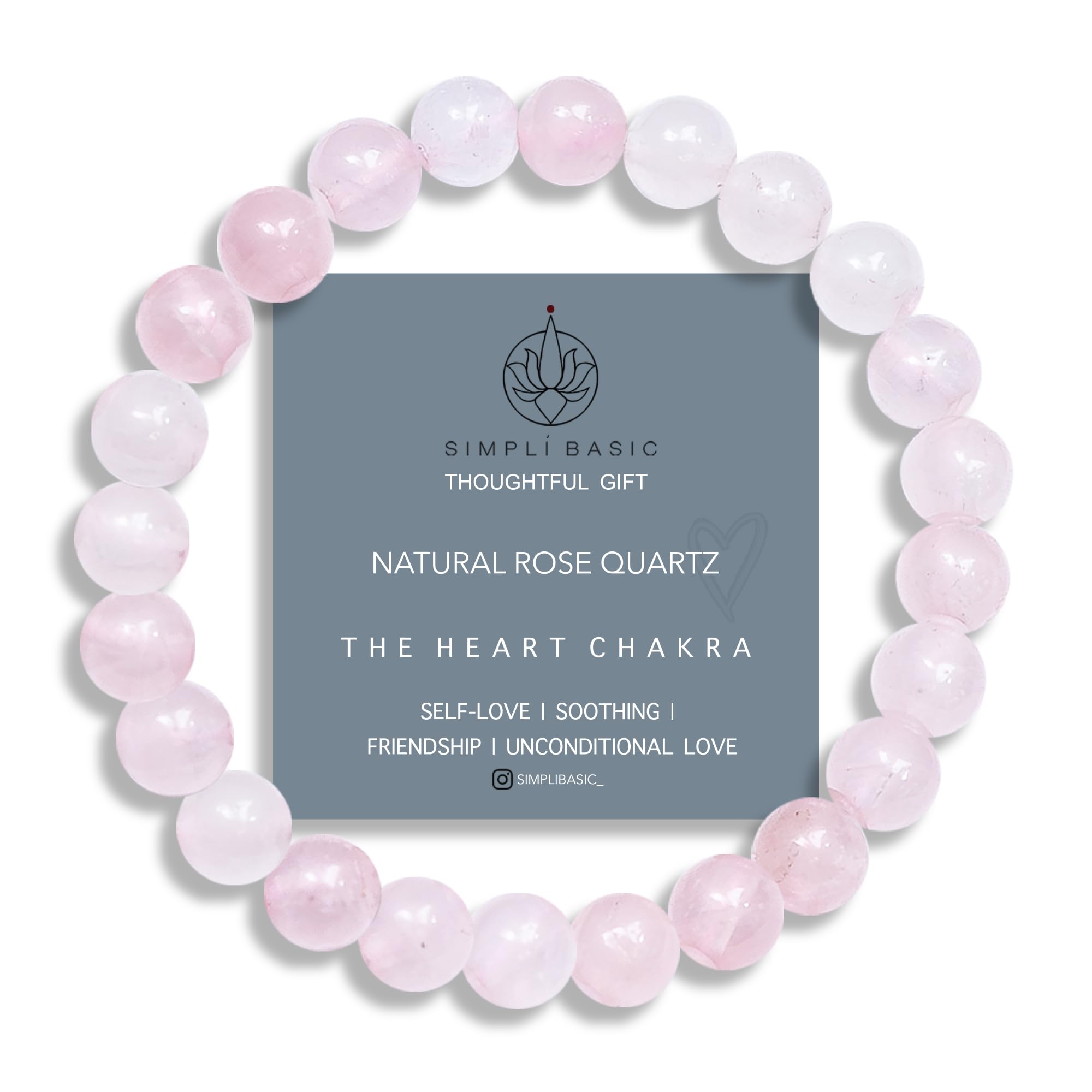 SIMPLI BASIC Natural Rose Quartz Healing Crystal Bracelet 8mm Bead Unisex Success & Positive Energy Healing Gemstone Beaded Bracelet Valentines Gifts for Her