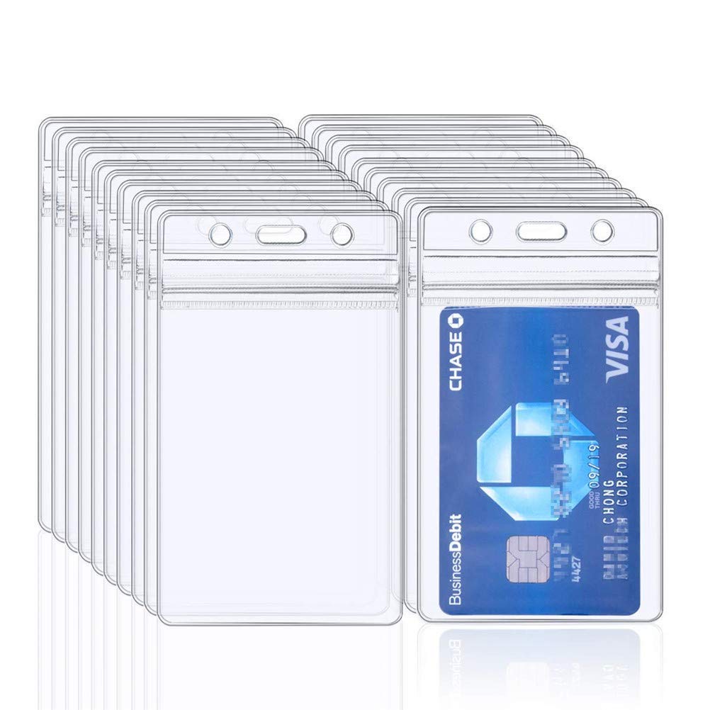 QincLing 20 PCS ID Badge Covers, Waterproof Vinyl Badge Holders Clear Plastic Vertical Name Tag Badge Id Card Holders Key Card Holder Sleeve