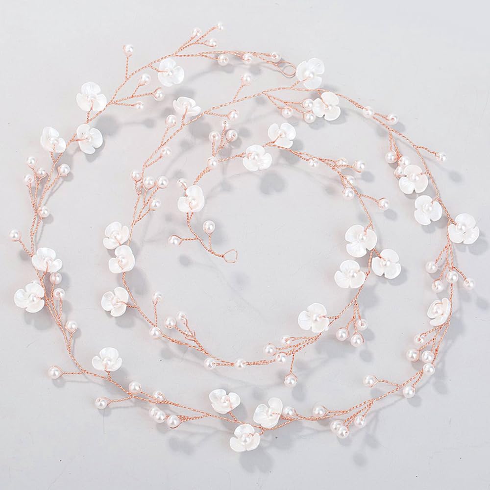 BERYUAN White Flower Pearls Wedding Hair Vine Pearls Wedding Headband Rose Gold Bridal Headpiece Wedding Hair Accessory for Brides Bridesmaid Girls (Rose gold)