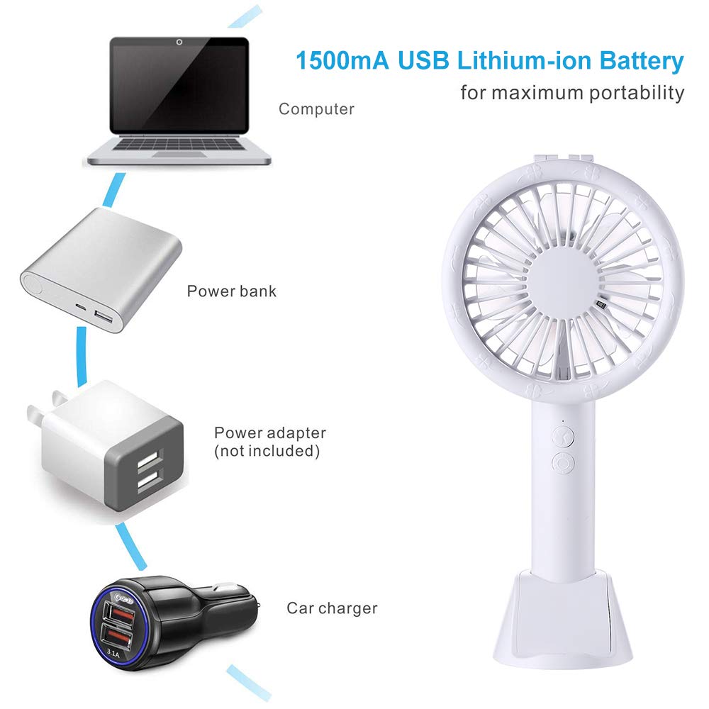 Mini Desk Fan Handheld Fan, Whisper Quiet Portable Personal USB Little Fan with Phone Holder, 7 Colourful LED Night Lights and Lamp, 1500mA Rechargeable Operated Battery, 3 Speeds Small Fan(White 08)