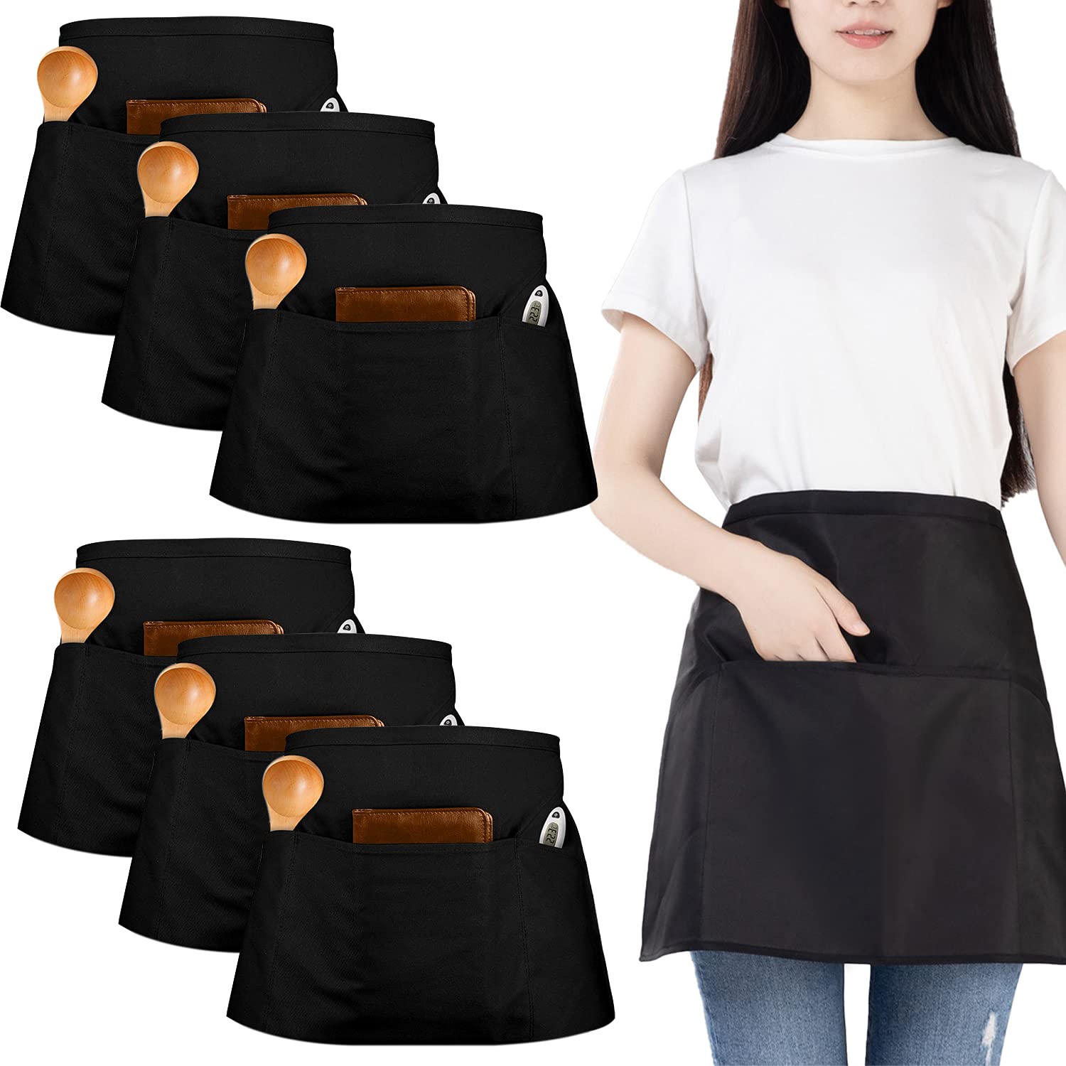 6 Pack Black Waist Apron, Waitress Apron with 3 Pockets, Waterproof Half Aprons for Men and Women, Chef Aprons for Cooking Cleaning Painting Gardening Bistro Restaurant (Black)