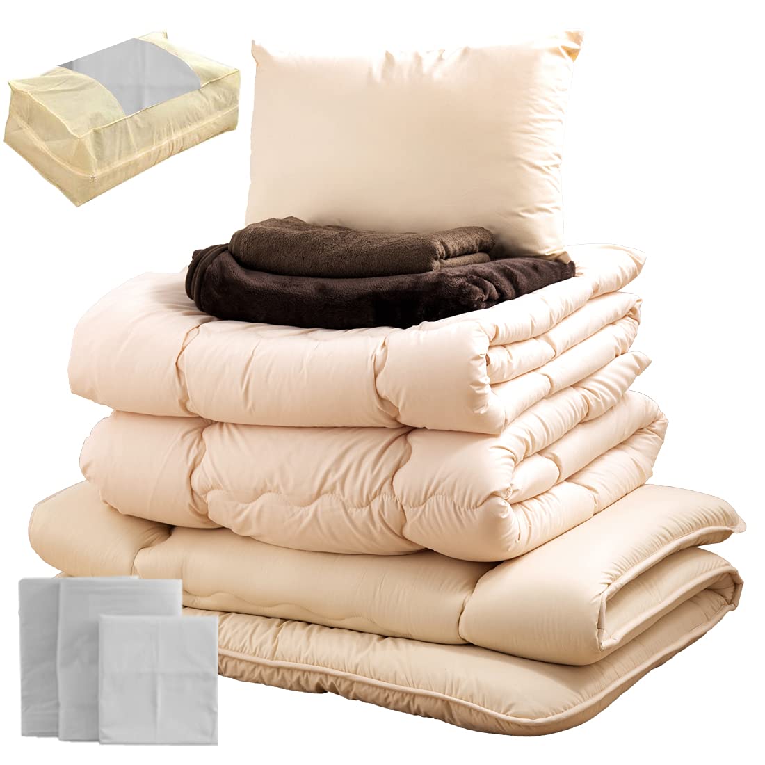 タンスのゲン 布団セット 【オールシーズン使える10点セット！】 シングルロング 2枚合わせ掛布団 固綿三層敷布団 マイクロファイバー毛布 タオルケット 枕 洗える カバー 収納ケース付き グレー 26700100 13(76424)商品画像