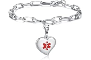mnmoom Medical Alert Bracelets for Women with stainless steel heart medical id charm pre engraved