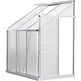 Outsunny 6' x 4' Aluminum Lean-to Greenhouse Polycarbonate Walk-in Garden Greenhouse with Adjustable Roof Vent, Rain Gutter a