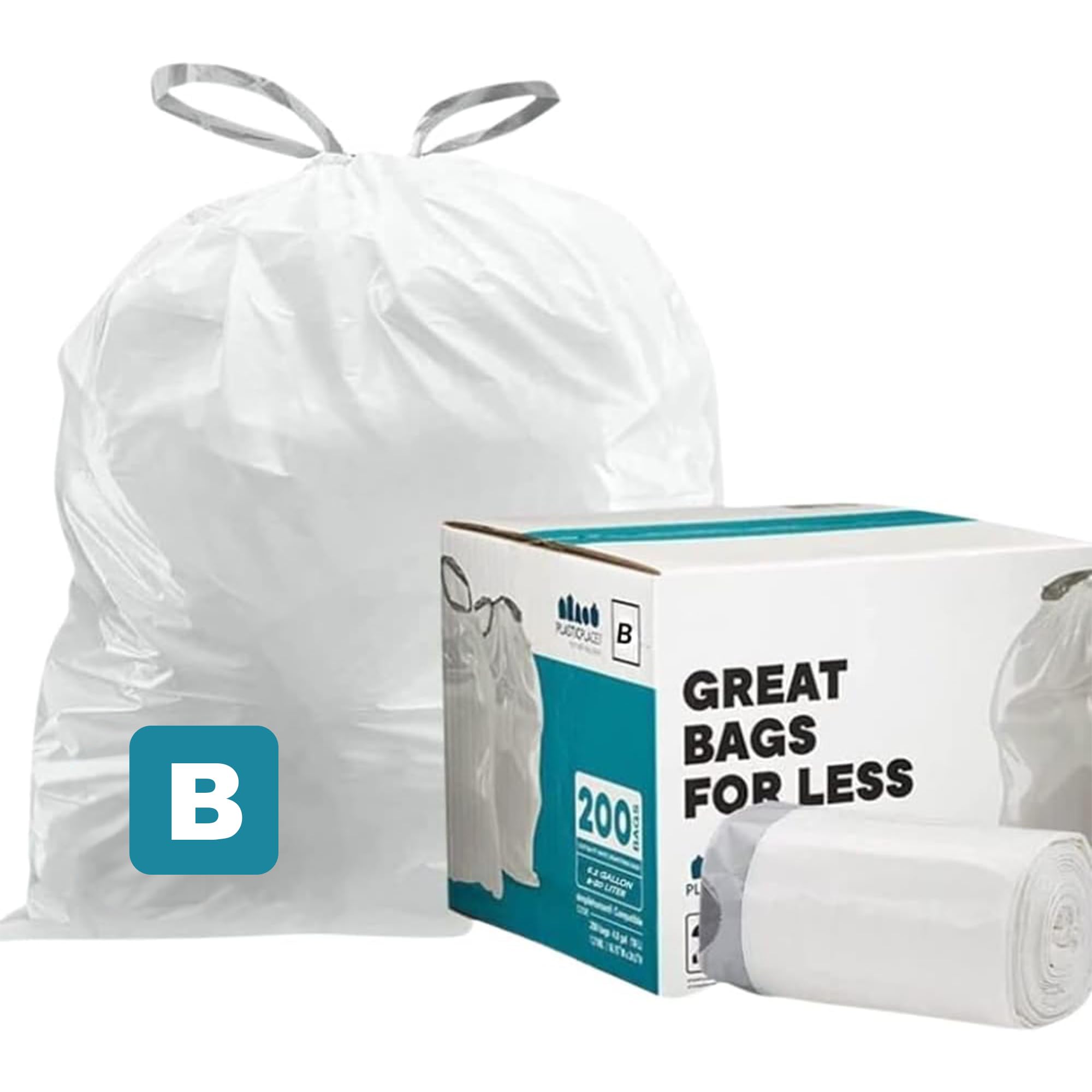 Plasticplace Custom Fit Trash Bags, Compatible with Simplehuman Code K, White Drawstring Garbage Bags Liners, 10 Gallon / 38 Liters, 24" x 28" (200 Count) Heavy Duty Trashbags Home Essentials Large Image
