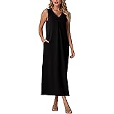 GRECERELLE 2026 Women Summer V-Neck Casual Loose Split Wrinkle-Free Long Maxi Vacation Dress with Pockets (XS-3XL)
