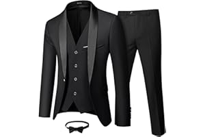 MY'S Mens 3 Piece Tuxedo Set with Bow Tie, Shawl Lapel One Button Jacket Vest & Pants, Slim Fit Suit Prom Party Wedding Tux