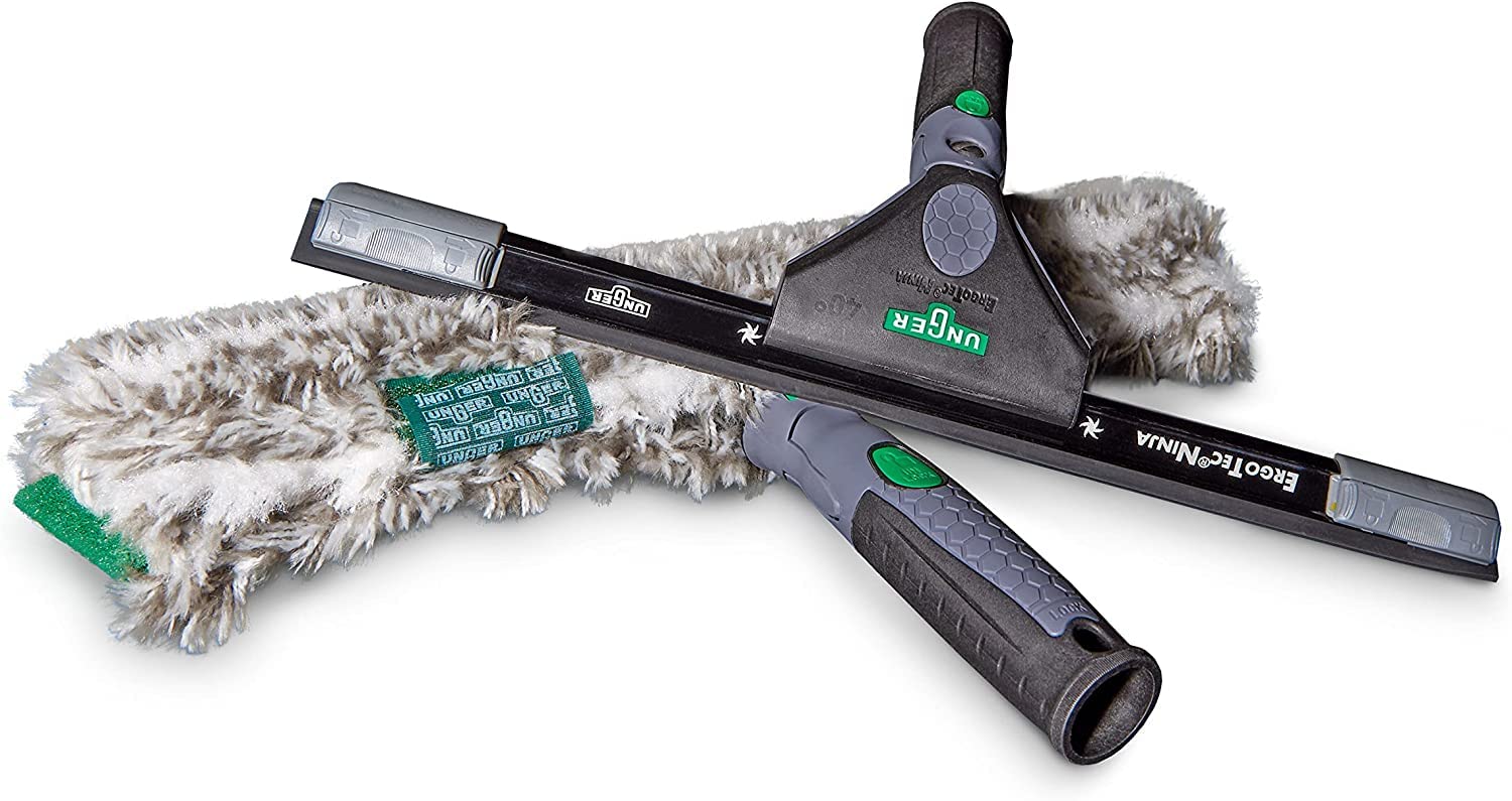 Unger ErgoTec NINJA 2-in-1 Advanced Window Cleaning Kit Starter Set, Squeegee & Washer - Indoor & Outdoor Professional Window Cleaning Equipment - Green