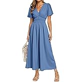 Simplee Women's Summer Flowy Midi Dress Casual V Neck Short Sleeve Empire Waist Boho Beach Wedding Guest Dresses