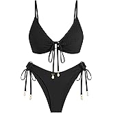 ZAFUL Women's Triangle Bikini Set O Ring Tie String Two Piece Swimsuit Smocked High Cut Bathing Suit