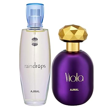 Ajmal Raindrops EDP Floral Chypre Perfume 50ml for Women and Viola EDP Fruity Floral Perfume 75ml for Women + 2 Parfum Testers FREE