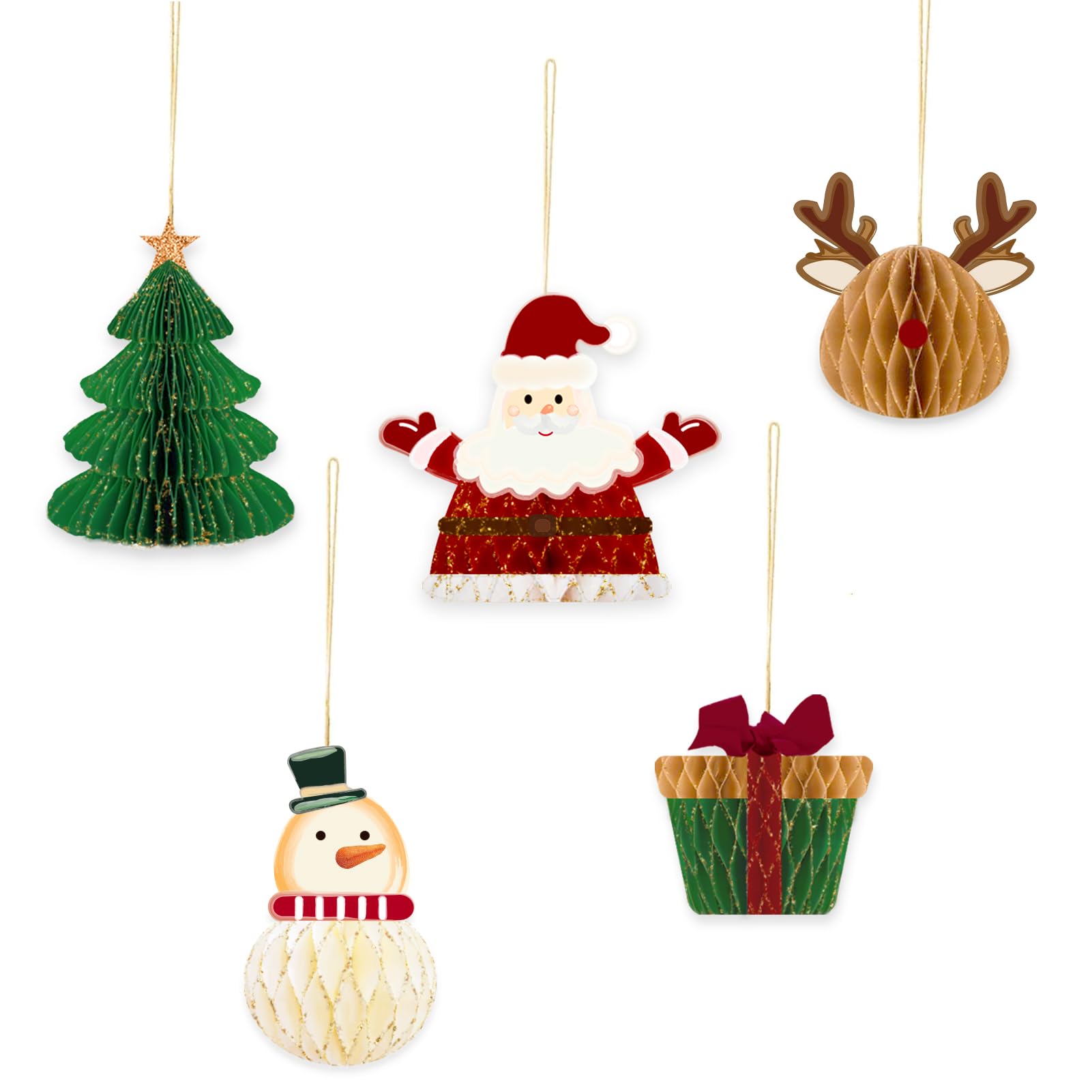 NICROHOME EUR 5 PCS Christmas Hanging Decorations, Paper Honeycomb Hanging Ornaments with Santa Claus Christmas Tree Elk Snowman Gift Box Shape for Xmas New Year Hanging Decoration