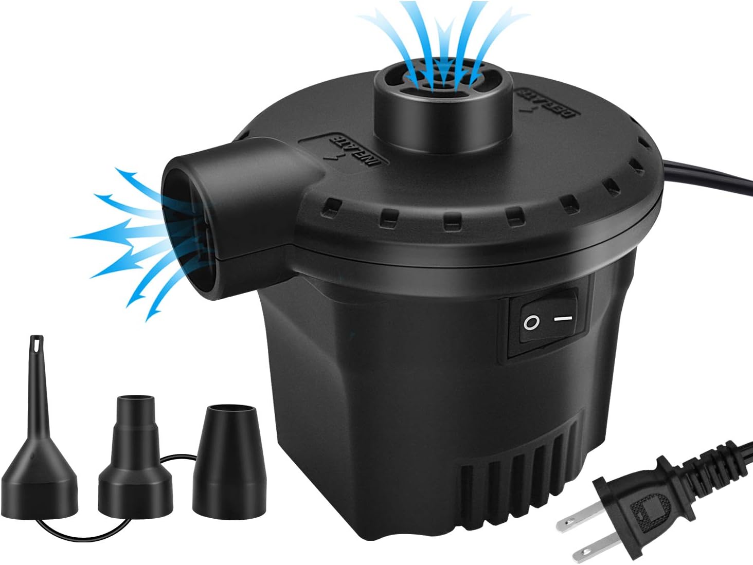 BLUELF Air Pump for Inflatables Air Mattress Pump Portable Quick Electric air Pump for Swimming Ring, Paddling Pool, Airbed or Inflatable Toys with 3 Nozzles AC 110V 130W: Sports & Outdoors