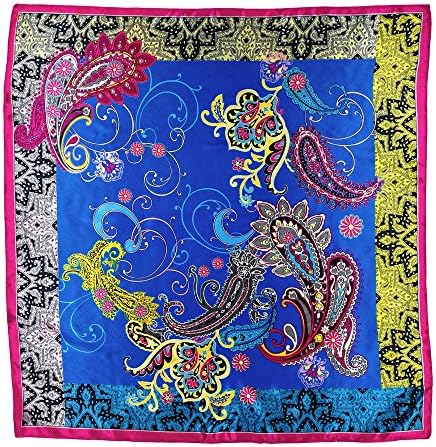 StarGo Silk Feeling Smooth Scarf Women’s Fashion Pattern Large Square Satin Headscarf Headdress Hair Wrapping Scarf Neckerchief 35 x 35 inches (Classic Cashew-Blue)