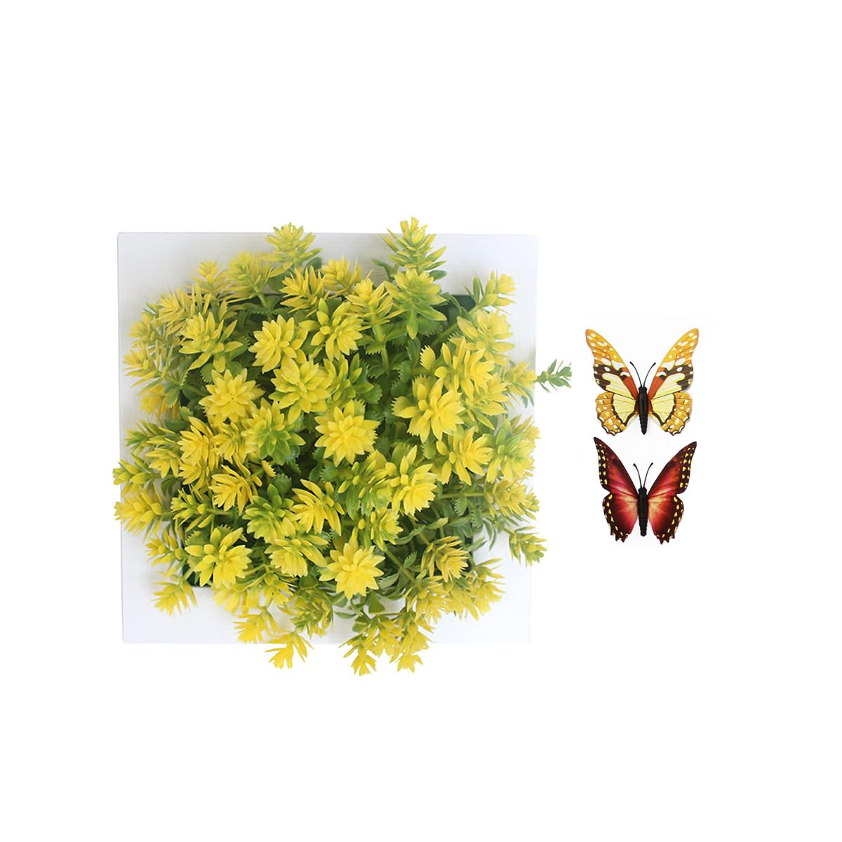 Eyands Hanging Wall Artificial Plants With 2 Butterflies for Home Decor Indoor, Succulents Plants Artificial in Frame 3D Greenery Wall Art Decor, Artificial Flowers in Plastic Photo Frame(Yellow)