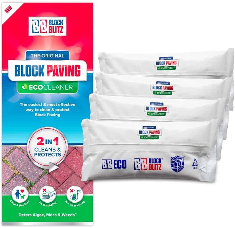 Block Paving Eco Cleaner. 4x 390g Pouches. Removes and Prevents Algae, Moss and Black Spot. Deters Weed Growth for up to 6 Months. Treats 60 sq/m.
