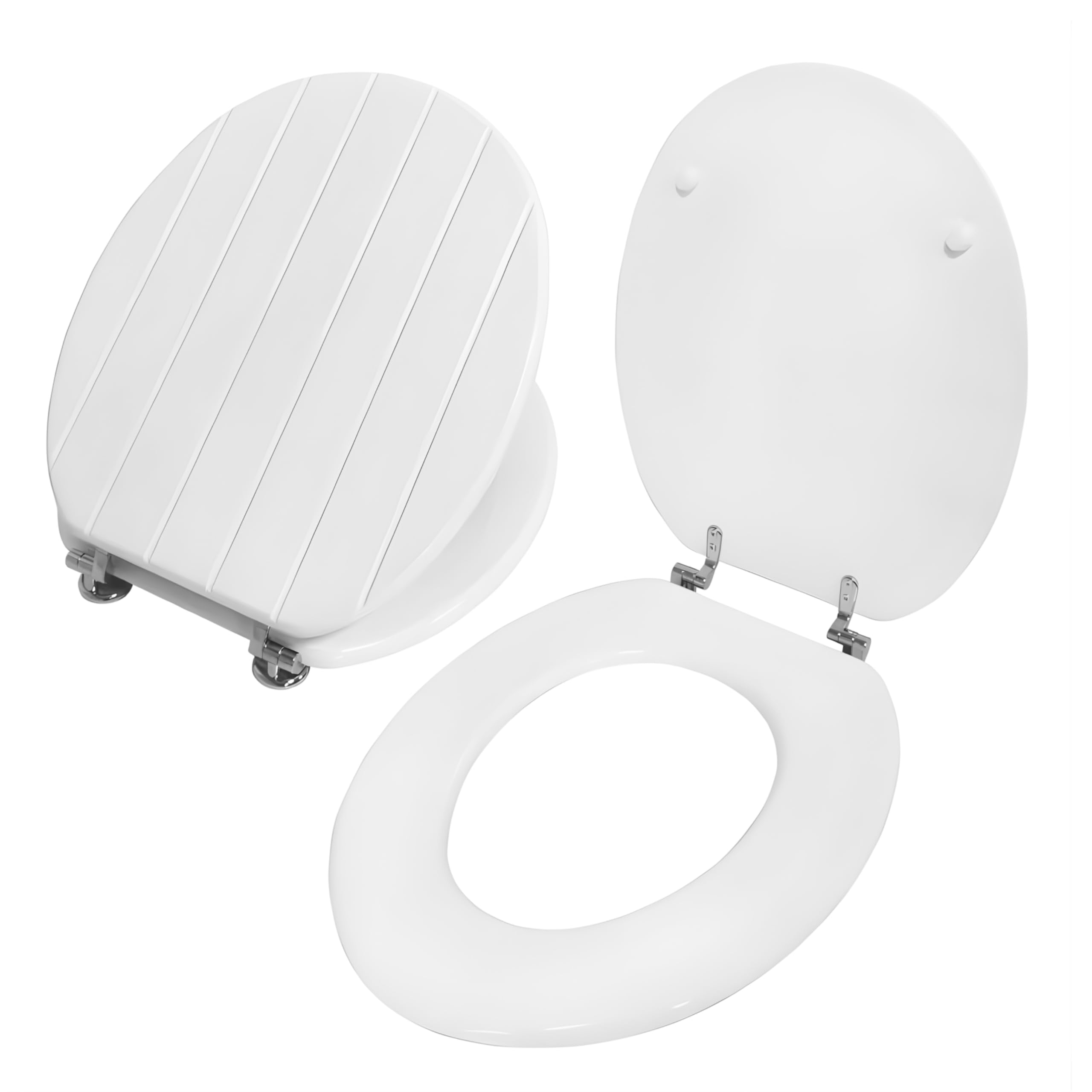 Marco Paul 18" White Groove Wooden Toilet Seat Soft Close – MDF Oval Toilet Seat with Chrome Hinges, Universal Fit, Easy Clean, Heavy Duty Toilet Seats - WC Bathroom Replacement Seat