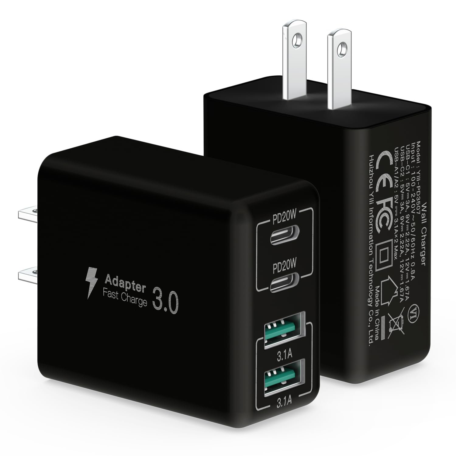 sccvee [2 Pack] USB C Wall Charger, 40W 4-Port USB C Charger Block,Fast Charging Block Dual Port PD+QC Wall Plug Multiport Type C Compatible with iPhone 14/13/12/Pro Max/XS/XR/8,Tablet(Black)