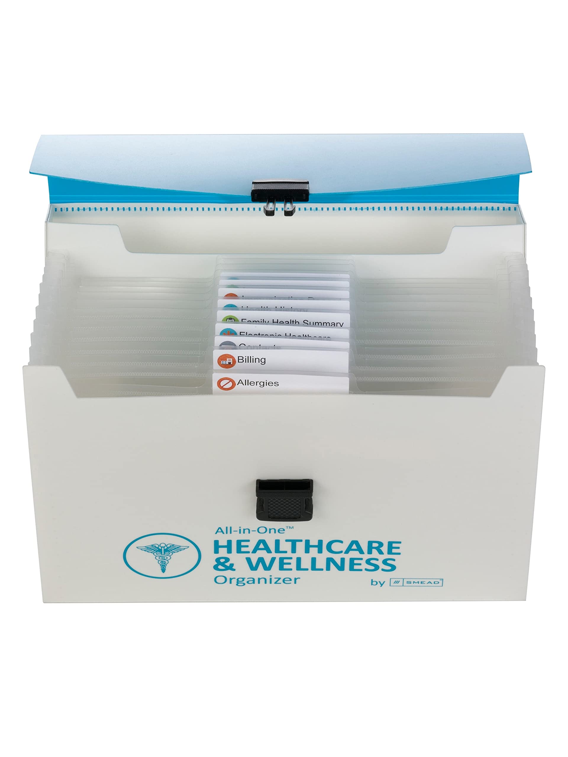 Smead All-in-One Healthcare & Wellness Organizer, 13 Pockets, Letter Size, Latch Closure, Poly White/Teal (92012)