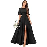 GUKARLEED Women’s Scoop Neck Ruffles Bridesmaid Dresses Long Chiffon Slit A-line Formal Wedding Guest Dress with Pockets
