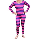 Wrrkayly Cheshire Cat Costume for Women Halloween Costumes Striped Long Sleeve Jumpsuit Party Cosplay Outfit Dress Up Costume