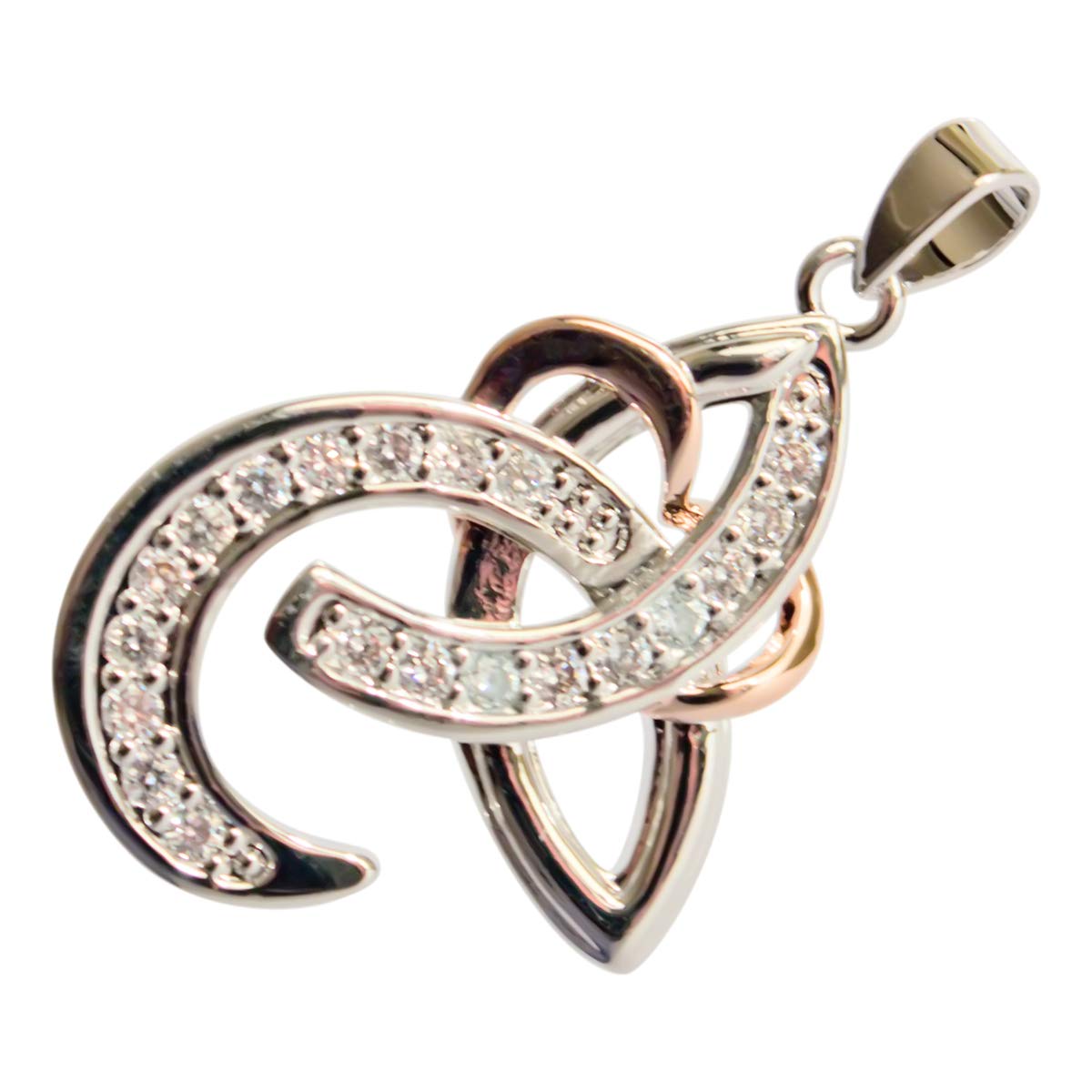 GWG Jewellery 18K White Gold Coated Celtic Trinity Knot Adorned with Diamond Clear Stones and Rose Gold Coated Heart 2 Tone Pendant Necklace in Gift Box for Women
