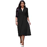 Hostoyo Women's Plus Size Pleated Midi Dress Comfortable Suit Collar 3/4 Sleeve Belted Casual Formal Work Church