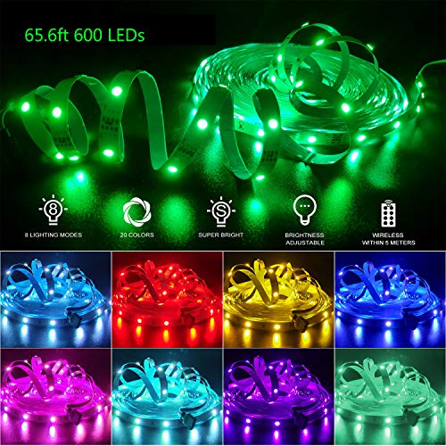 65.6ft/20M LED Strip Light DreamColor SyNong Soft RGB Rope Lights 5050 SMD 600 LEDs Non Waterproof 2x10M Tape Light with 44 Keys IR Remote Control and 12V Power Adapter for Room Kitchen Festival Deco