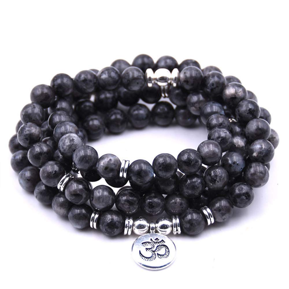 Self-Discovery 108 Natural Beads Mala Yoga Jewelry Meditation Beads Bracelet Necklace with Yoga Symbol Charm (Labradorite)