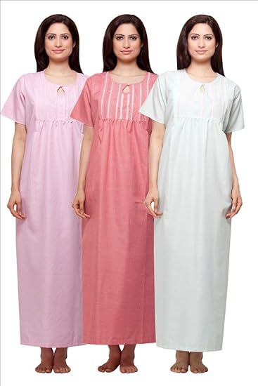 Round Neck Terry Cotton Half Sleeve Nighty/Maternity Gown Pack of 3