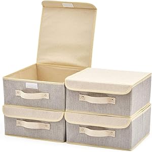 EZOWare 4-Pack Small Fabric Storage Basket Bin with Lid, Collapsible Storage Box Cube Organizer Container for Nursery, Closet, Bedroom - 10.5 x 10.5 x 5 inches, (Gray & Beige)