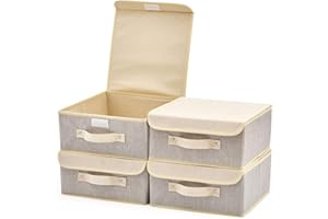 EZOWare 4-Pack Small Fabric Storage Basket Bin with Lid, Collapsible Storage Box Cube Organizer Container for Nursery, Closet, Bedroom - 10.5 x 10.5 x 5 inches, (Gray & Beige)