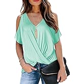 LEIYEE Womens Summer Cold Shoulder Tops Short Sleeve Front Twist Knot V Neck T Shirts Draped Blouses