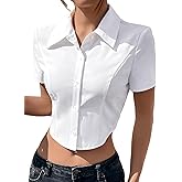 SUNNOW Women's Crop Tops White Button Down Shirt Short Sleeve Office Blouse Summer Work Top