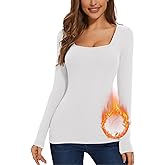 WOWENY Womens Long Sleeve Thermal Shirts Square Neck T Shirts Underwear Tops Basic Fitted Tees