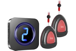 LIKEPAI Black Caregiver Pager Wireless Call Bell Personal Alarm Caregiver Call Button Life Alert System for Seniors Patients Home Elderly Help Assistance Pagers at 1,000ft Long Range 2 SOS Buttons