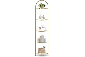 VASAGLE 5-Tier Corner Shelf Stand, Corner Bookshelf, Bathroom Organizer, Plant Stand, Tempered Glass, Metallic Gold ULGT810A0