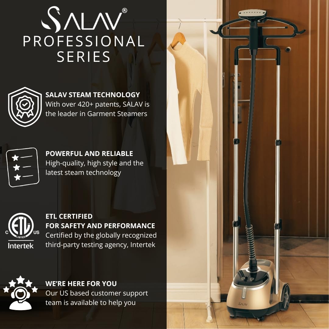 SALAV Limited Edition Professional Series Dual Bar Garment Steamer with Foot Pedals, Stainless Steel Steam Plate, Retractable Power Cord, 1.8L (60.8 oz) Water Tank, 1500 watts, 60+mins of Steam