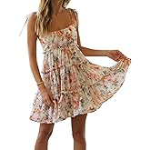 Mansy Womens 2025 Summer Floral Mini Dress Boho Flowy Skater Dresses Short Sleeveless Ruffle Spaghetti Strap Dress