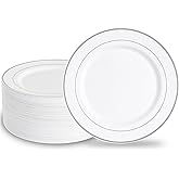 N9R 100PCS Silver Plastic Plates, 10.25 inch White Disposable Dinner Plate with Silver Rim, Heavy Duty Plates for Party, Wedding and Birthday