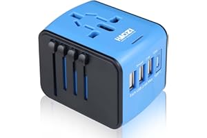 Travel Adapter, HAOZI Universal Travel Adapter - 3 USB + 1 Type C in One Travel Charger with UK/US/AUS/EU Plugs and Socket, International Power Adapter Wall Charger (Type-c Blue)