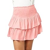 Newffr Girls Smocked Ruffle Mini Skirts Cute High Elastic Waisted Tiered Short Skirt with Shorts Underneath