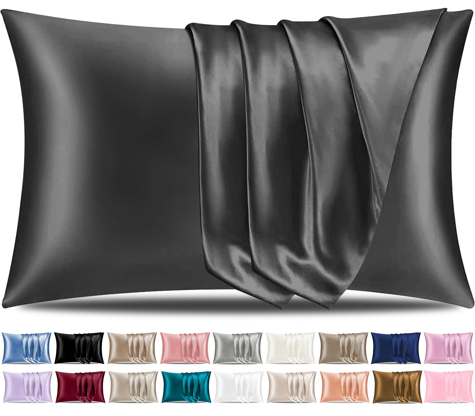 Pamposh Satin Silk Pillowcases For Hair And Skin 2 Pack Standard Size with Envelope Closure (2 Pcs Pillowcases (50 x 75 cm), Charcoal) — image 1