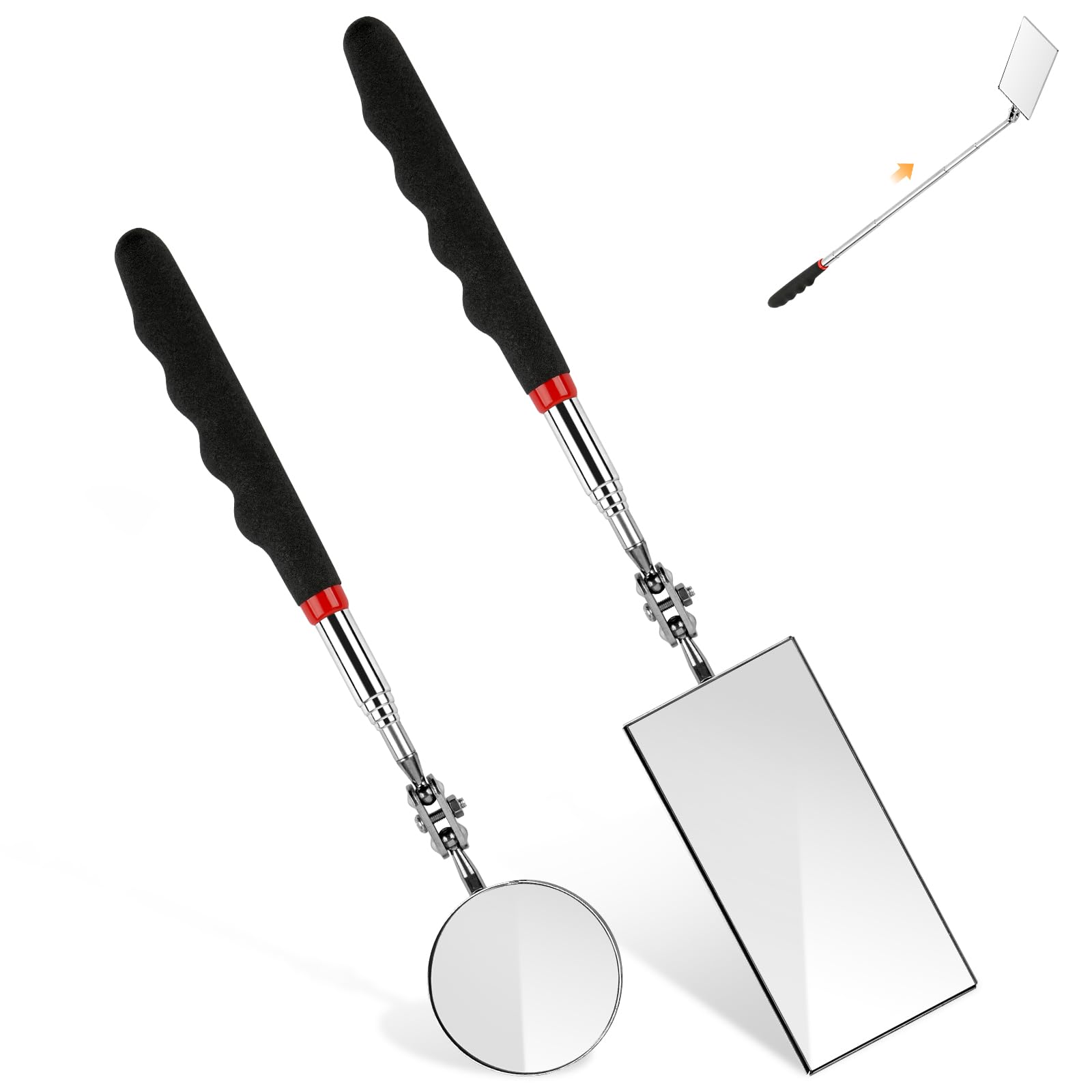 Photo 1 of 2 Pieces Telescoping Inspection Mirror, 360° Swivel Extendable Mechanic Automotive Mirrors Tools, Rectangular Round Mirror on a Stick for Mechanics, Automotive Repair, Contractors, Home Inspection