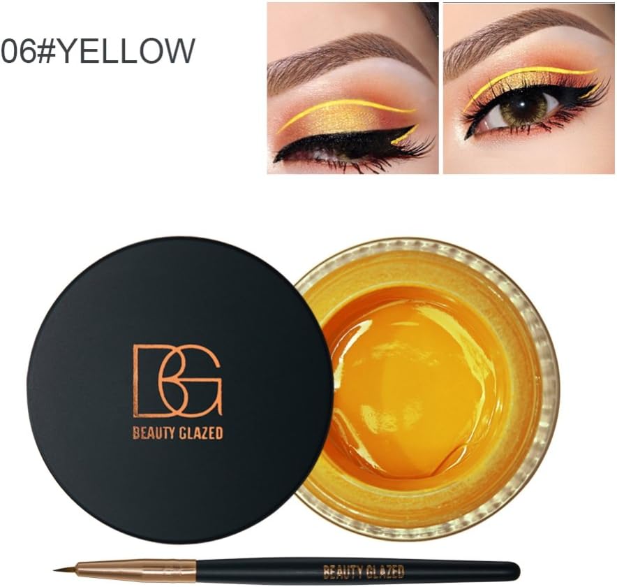 Eyeliner Cream Kit with Eyeliner Brush 6 Colors Colorful Eyeliner Gel Paste by KAYI, Yellow