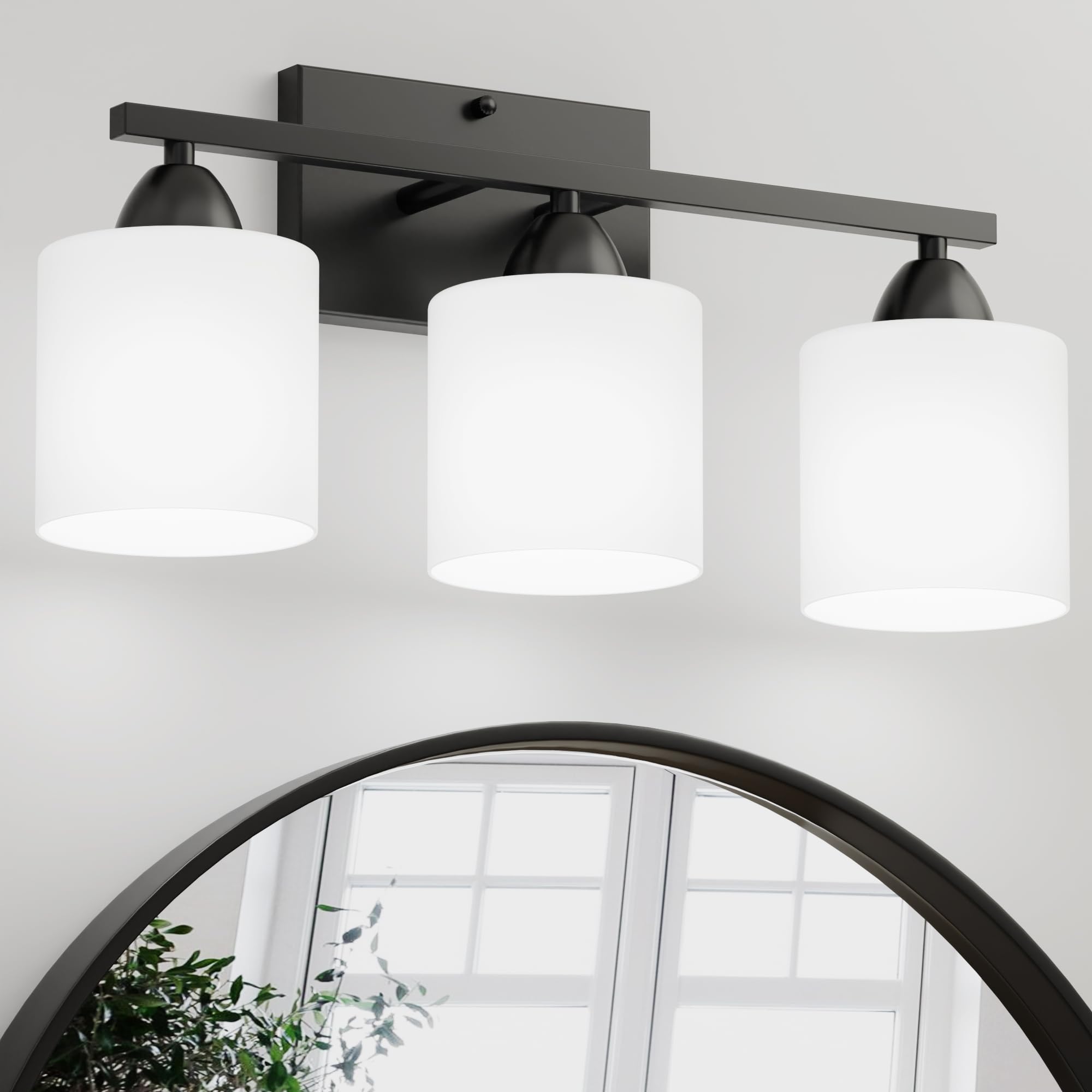 Photo 1 of Black Bathroom Lights Over Mirror, Anti-rust Vanity Light Fixture for Bathroom, Modern 3-Light Wall Sconce Light for Living Room, Standard E26 Base, Milky White Glass Shades, Bulbs Not Included