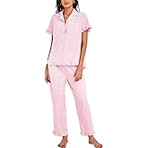 Flygo Womens Striped Pajama Sets Cotton Button Down Sleepwear Short Sleeve Top Long Ruffle Pants 2 Piece Pjs Loungewear Sets