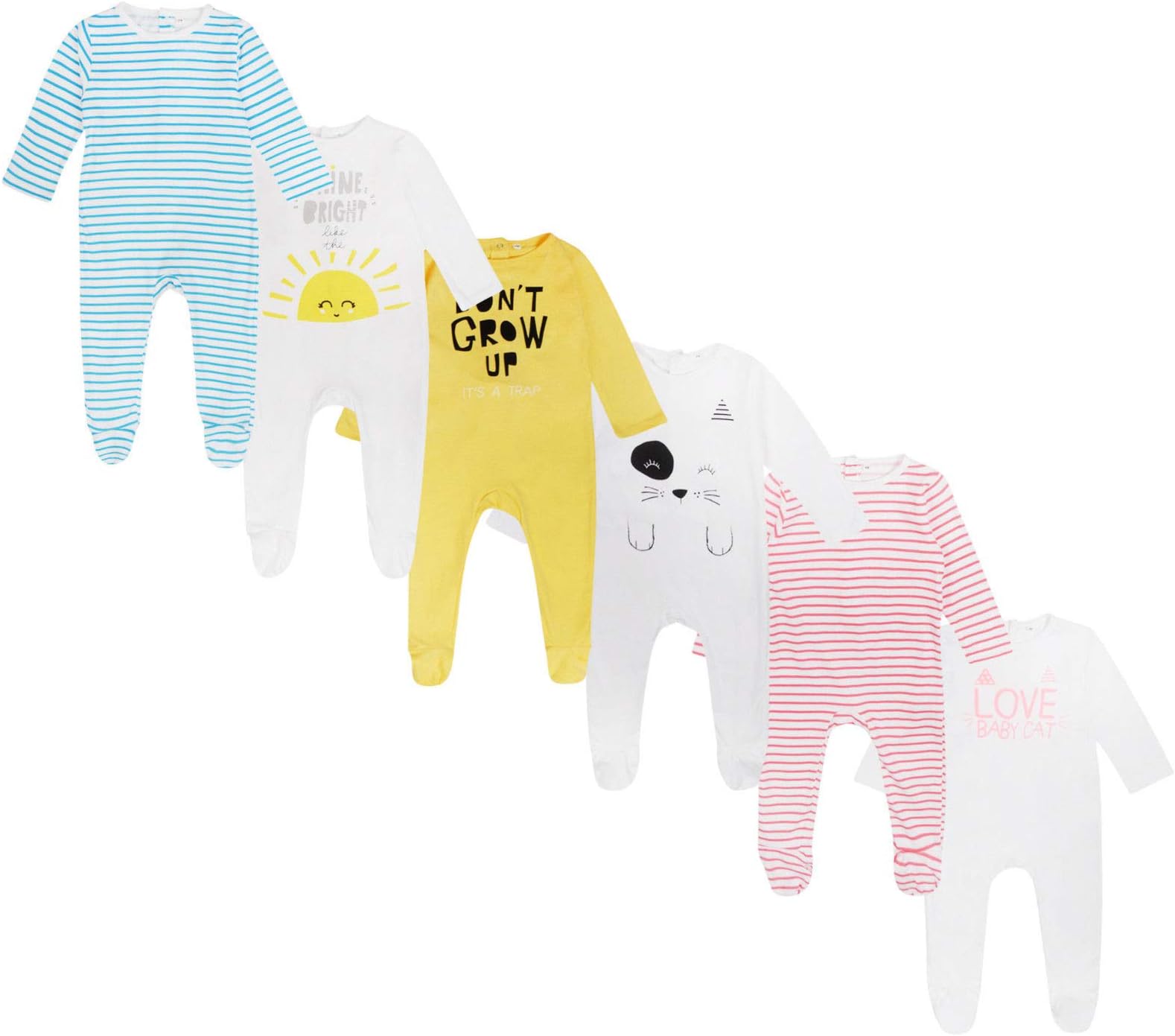 Paradise Baby Boys Girls 3 Pack Sleepsuits EX Carrefour 100% Cotton BABYGROWS 1m-24m