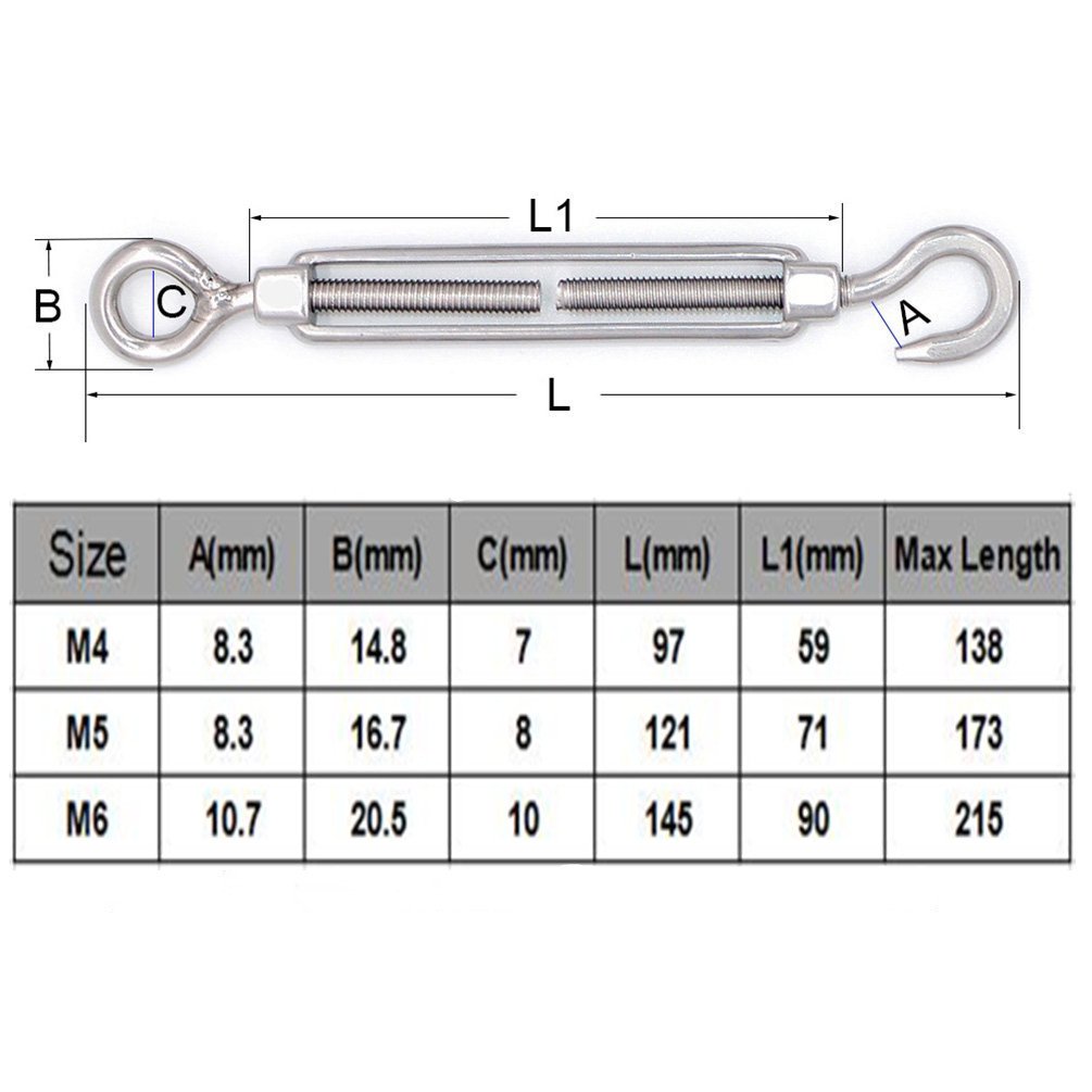 10pcs M5 Turnbuckles Best 304 Stainless Steel OC Hook Eye Wire Rope