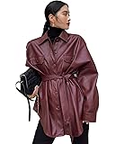 Women's Faux Leather Burgundy Motorcycle Jacket with Belt